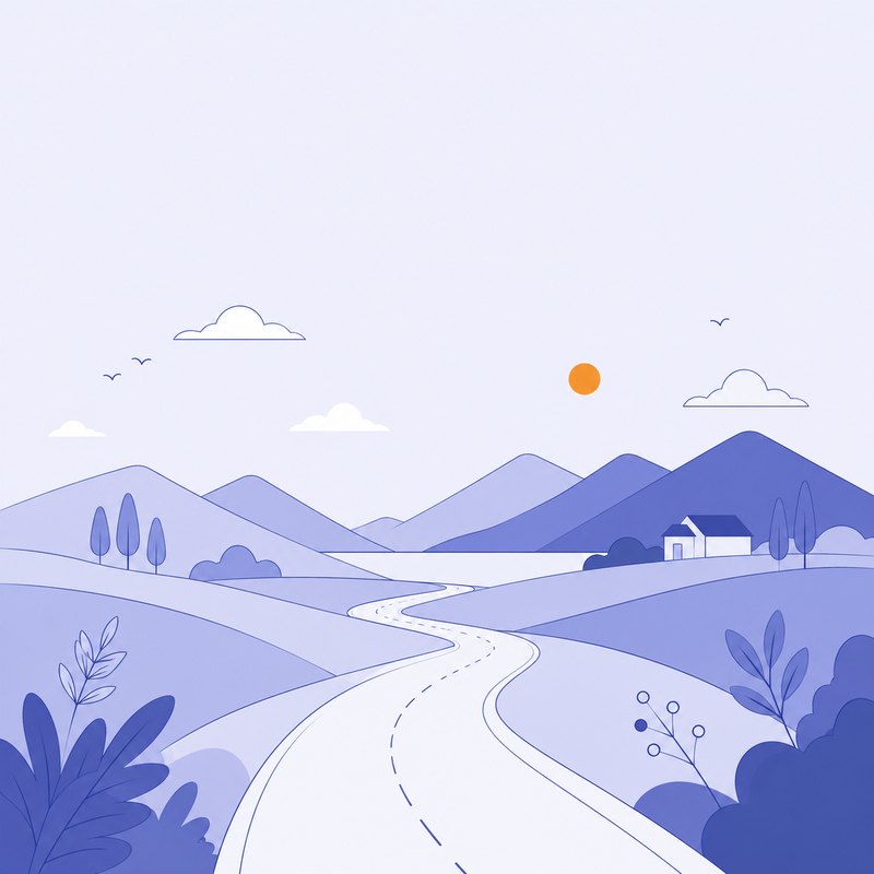 Eine weite Landschaft mit Weg in die Ferne, klar in die Distanz gesehen